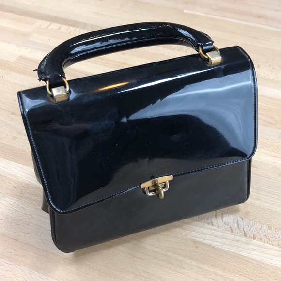 Vintage Handbags - Vintage Black Patent Handle-Top Bag